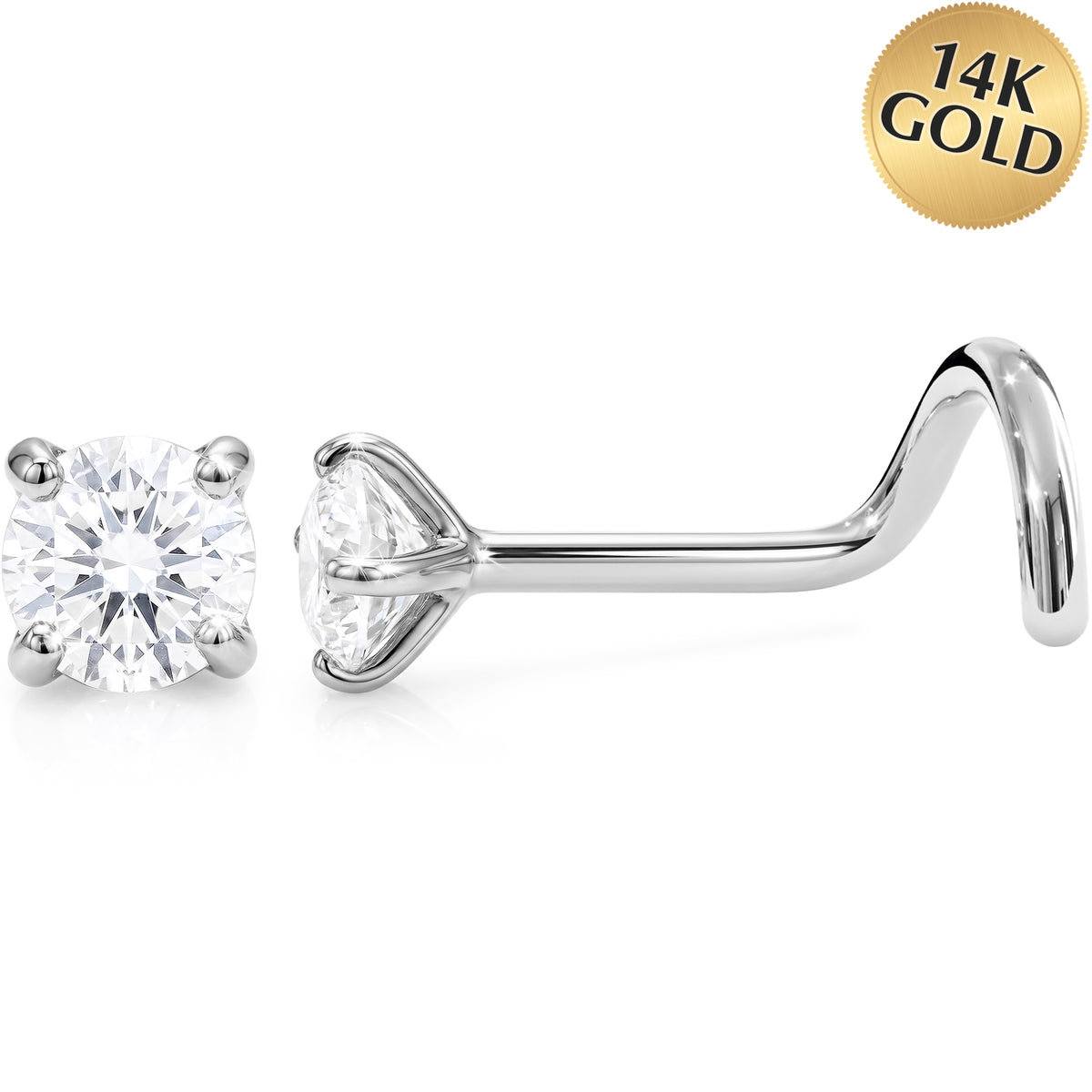 Solid 14k Gold Classic Solitaire CZ 22G Nose Screw Ring