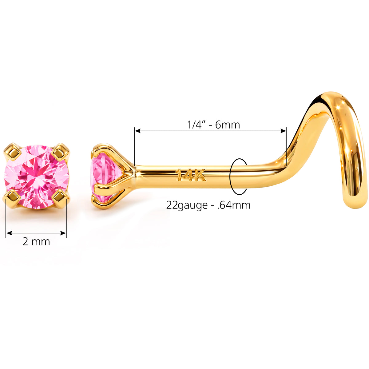 Solid 14k Yellow Gold Classic 2mm Solitaire Pink CZ 22G Nose Screw Ring