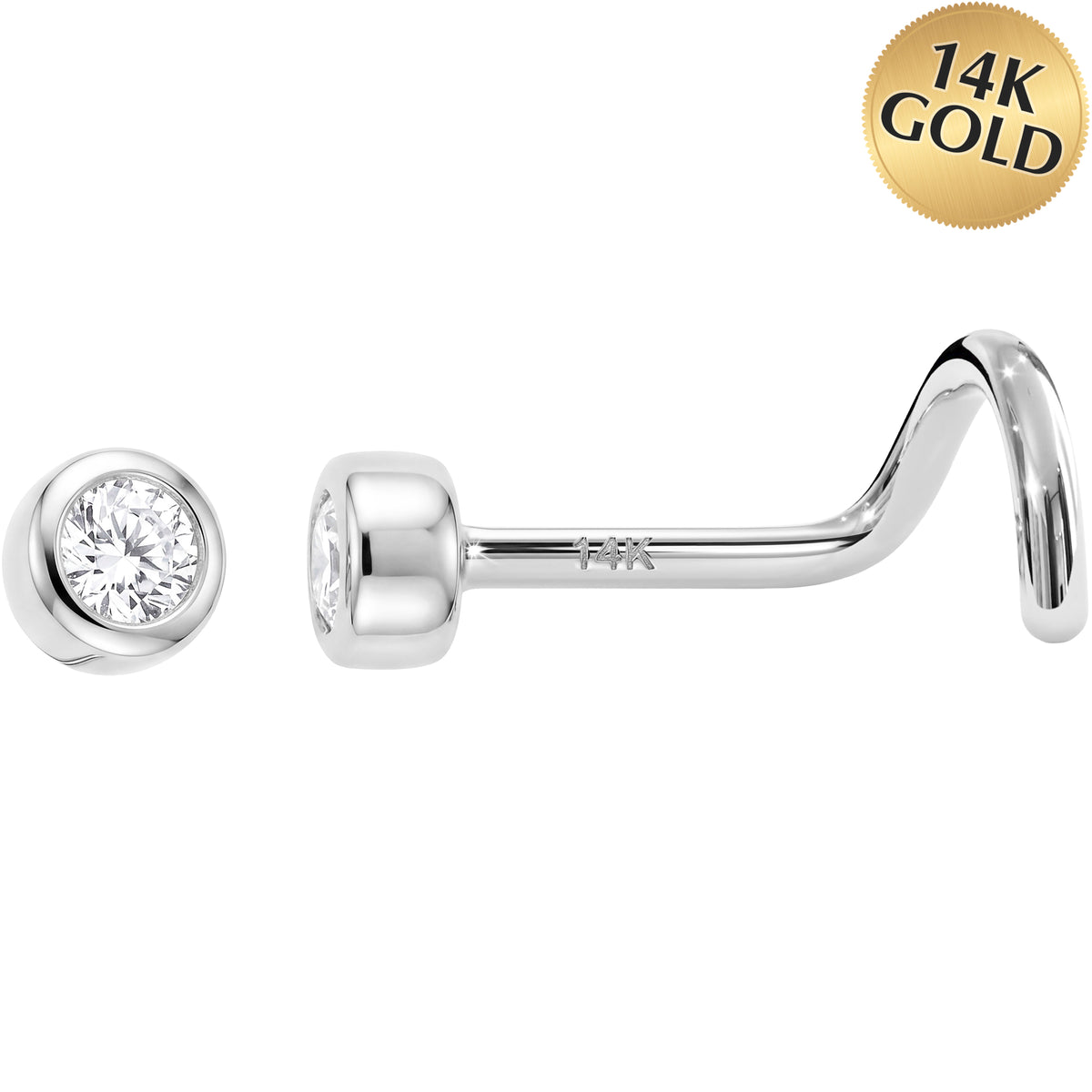 Solid 14k Gold Bezel CZ 22G Nose Screw Ring