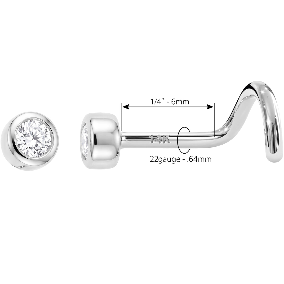Solid 14k Gold Bezel CZ 22G Nose Screw Ring