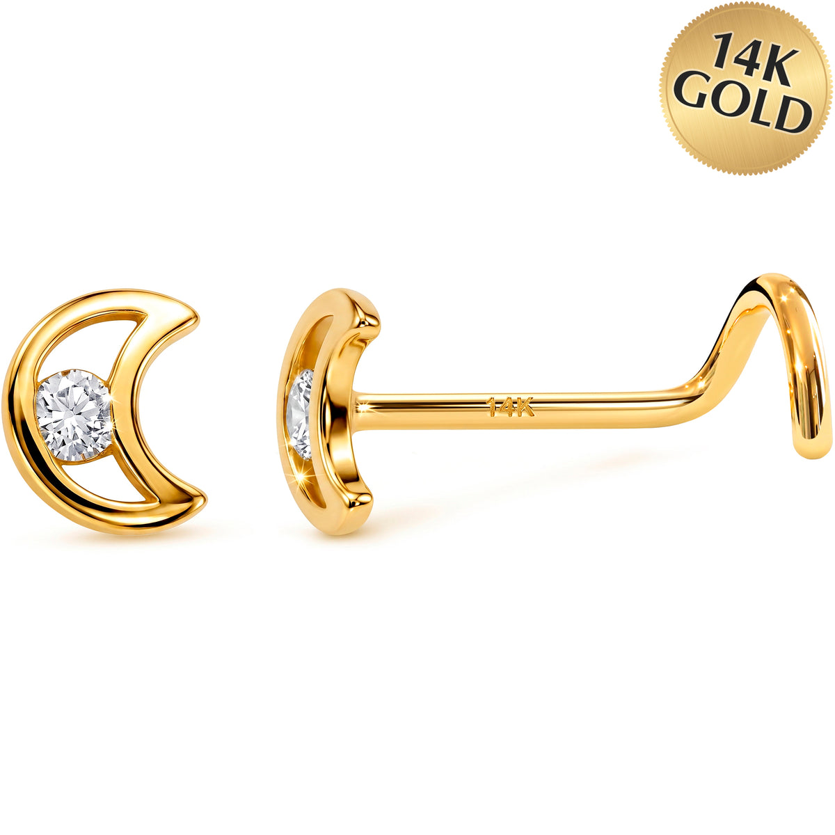 Solid 14k Yellow Gold Moonlit Crescent CZ 22G Nose Screw Ring