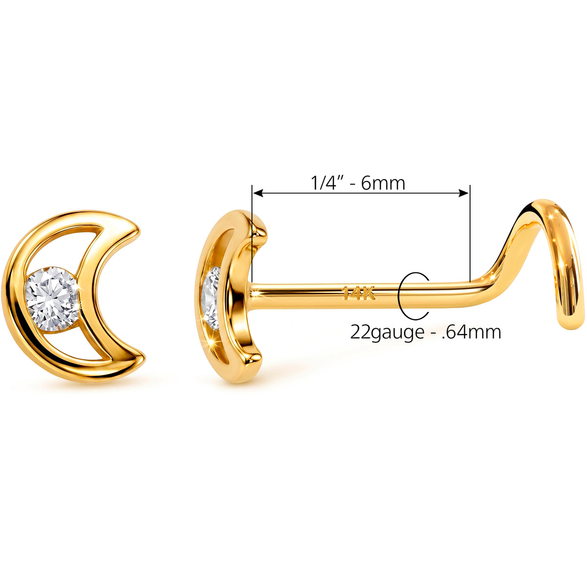 Solid 14k Yellow Gold Moonlit Crescent CZ 22G Nose Screw Ring