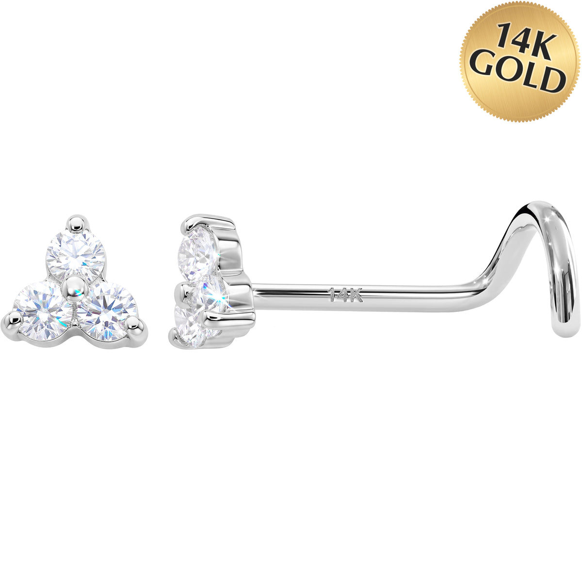 Solid 14k White Gold Trinity CZ 22G Nose Screw Ring