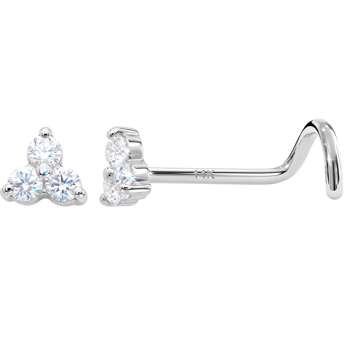 Solid 14k White Gold Trinity CZ 22G Nose Screw Ring