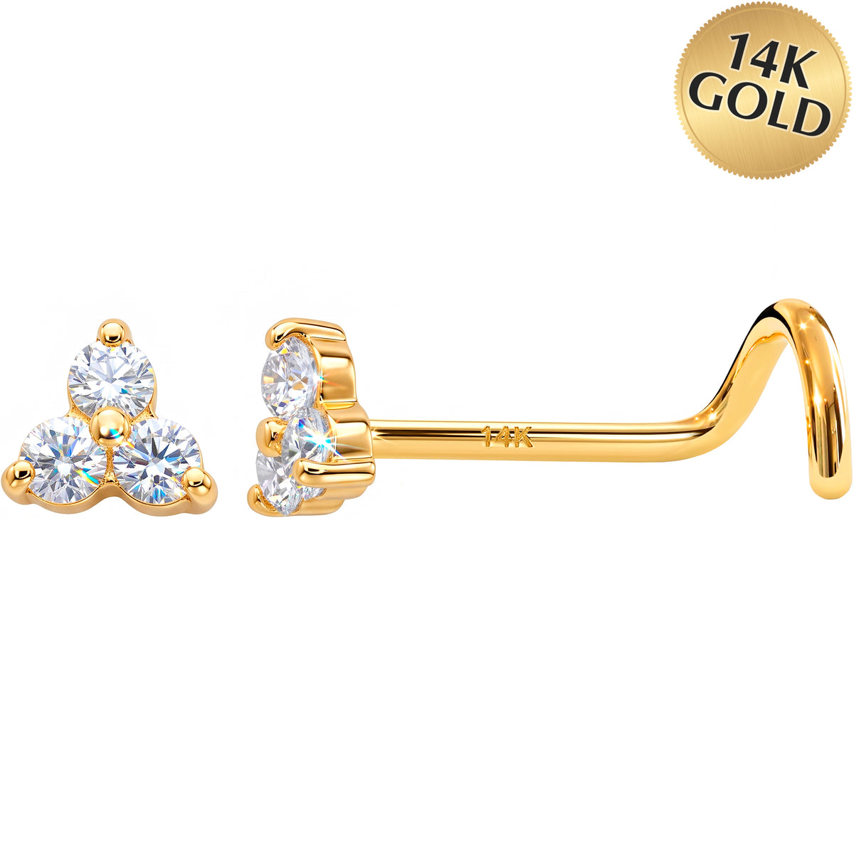 Solid 14k White Gold Trinity CZ 22G Nose Screw Ring