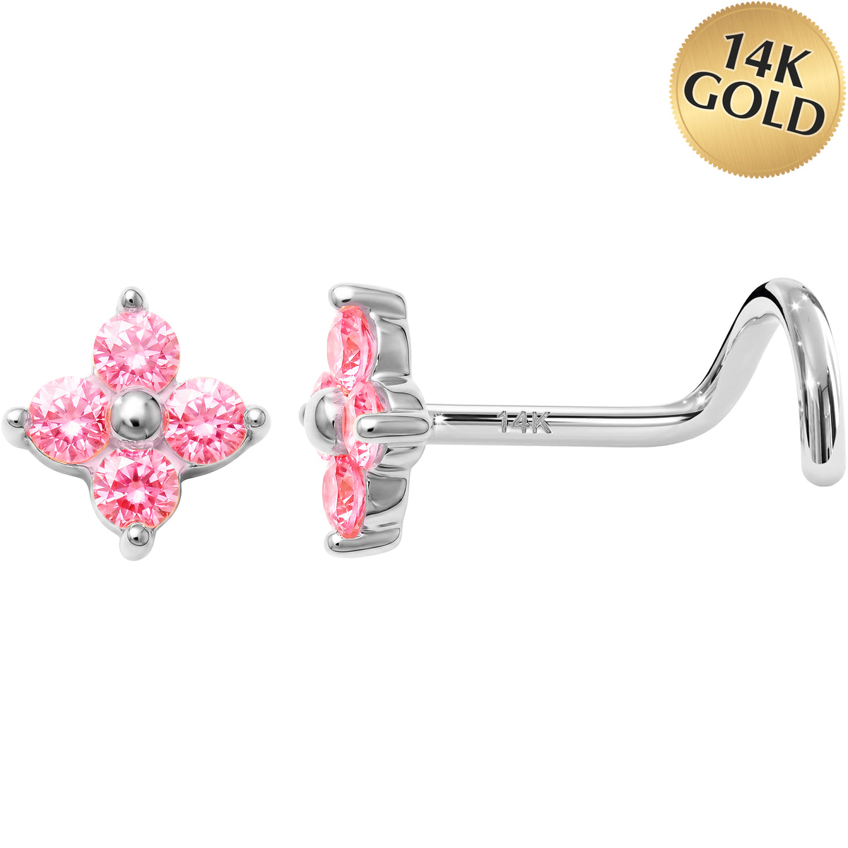 Solid 14k 4-Petal Flower Pink CZ 22G Nose Screw Ring
