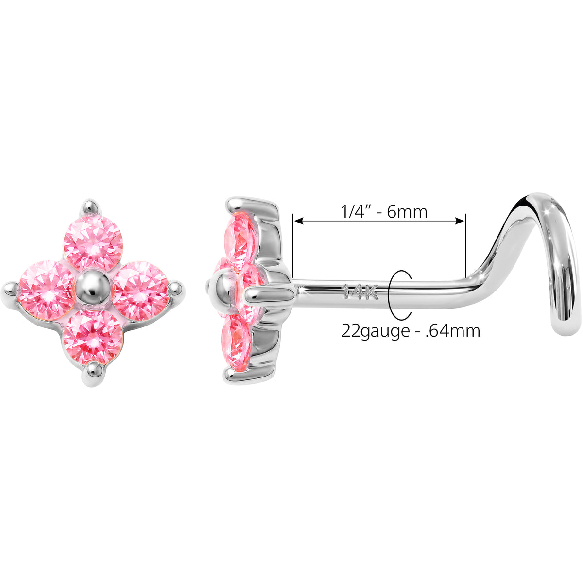 Solid 14k 4-Petal Flower Pink CZ 22G Nose Screw Ring