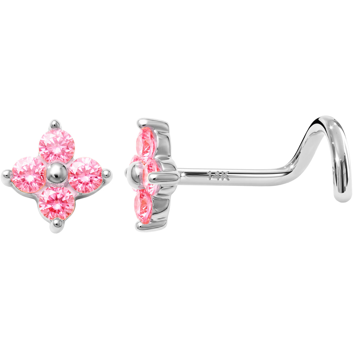 Solid 14k 4-Petal Flower Pink CZ 22G Nose Screw Ring