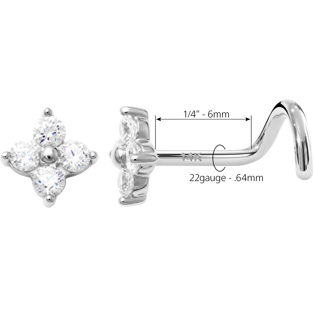Solid 14k 4-Petal Flower CZ 22G Nose Screw Ring