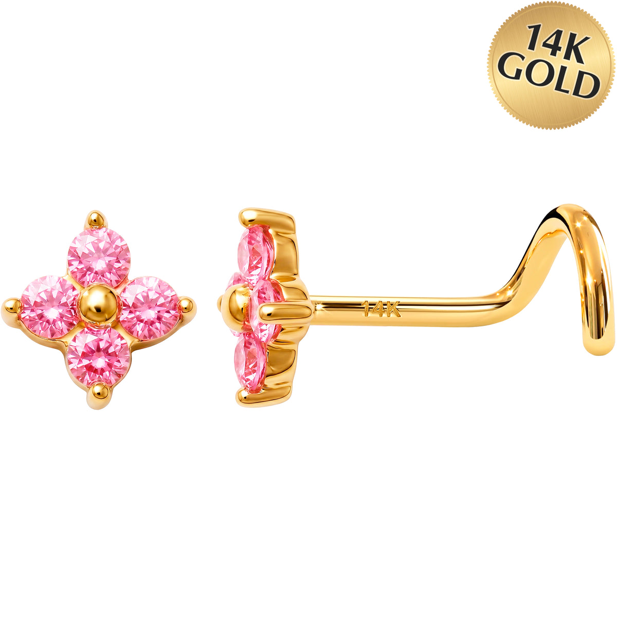 Solid 14k 4-Petal Flower Pink CZ 22G Nose Screw Ring