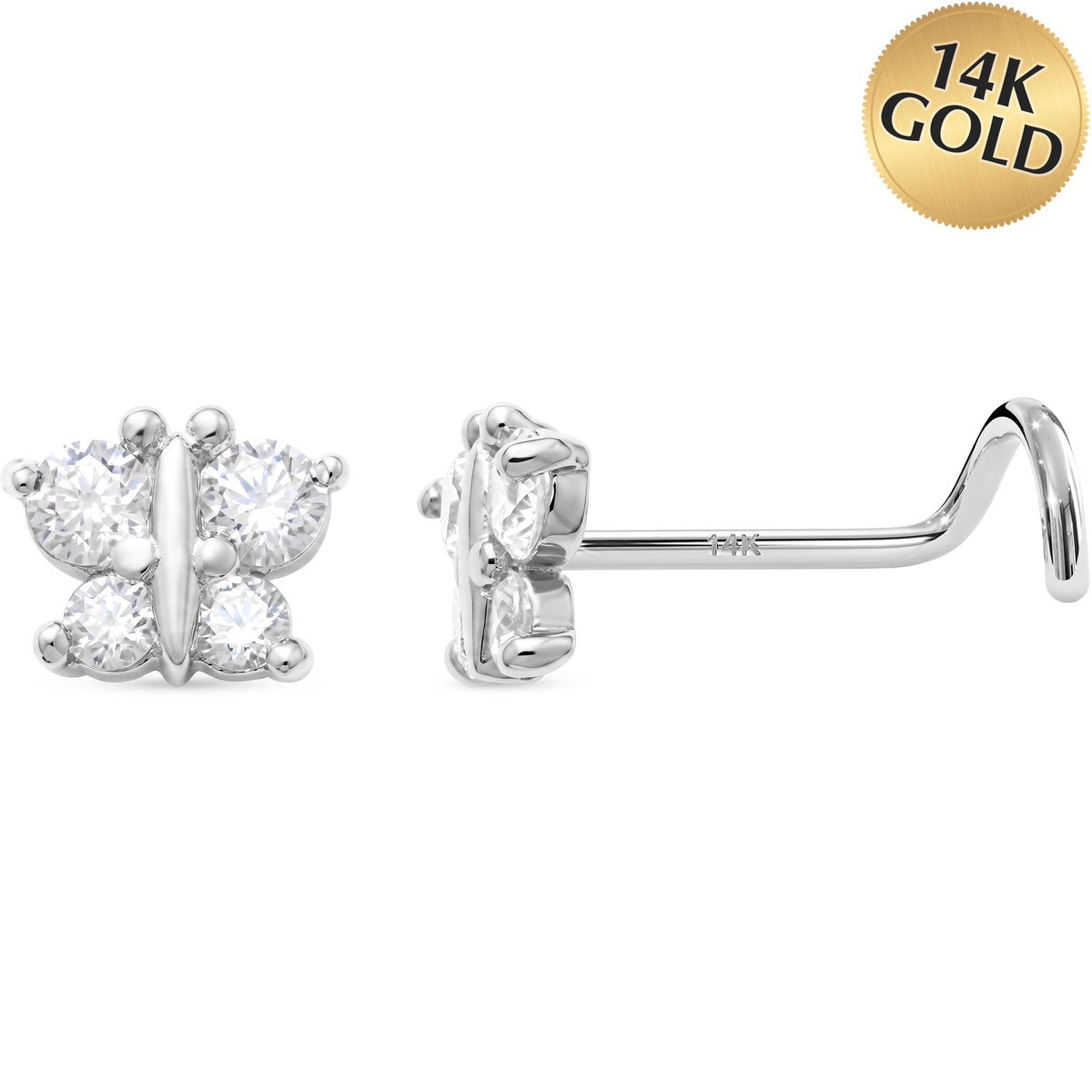 Solid 14k White Beautiful Butterfly CZ 22G Nose Screw Ring