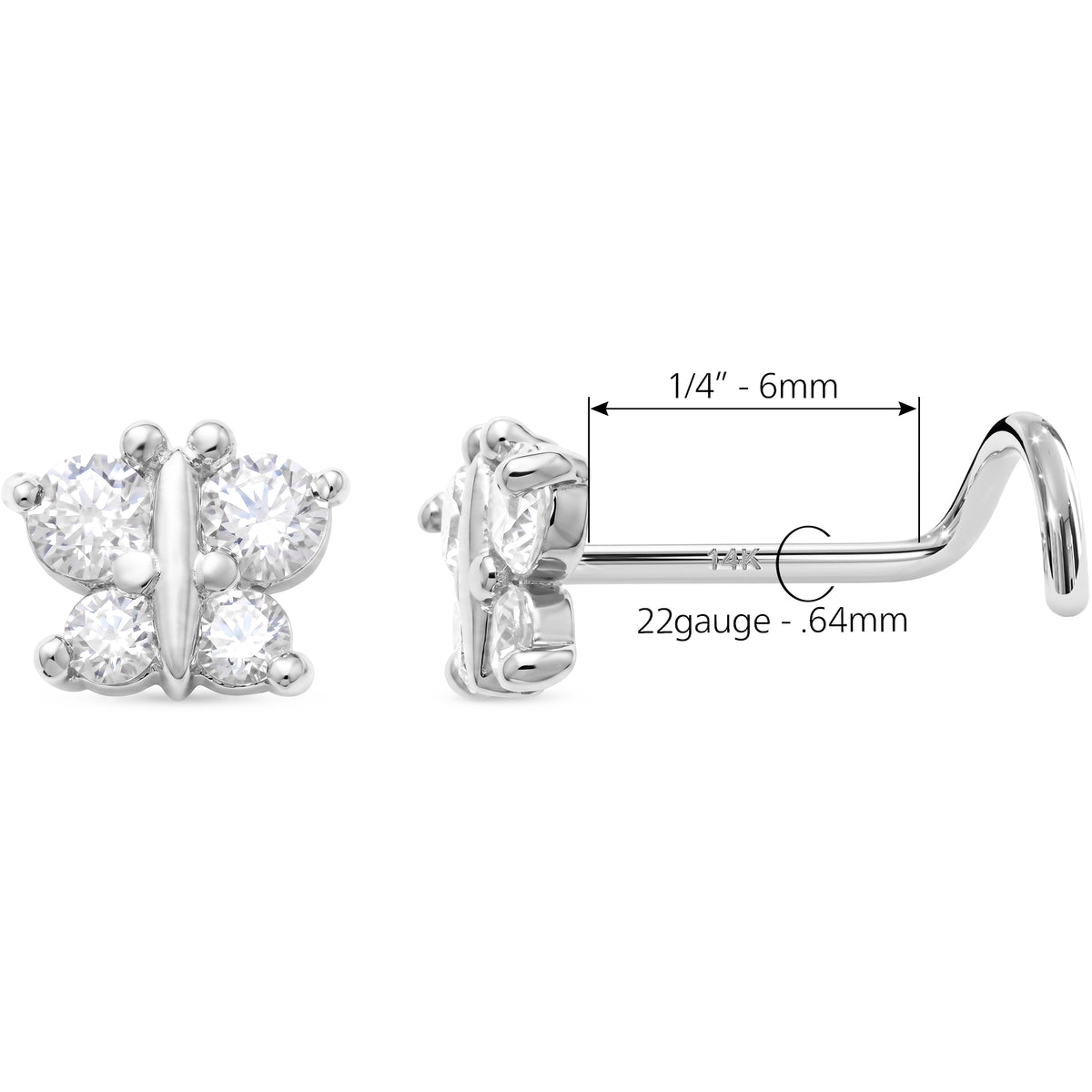 Solid 14k White Beautiful Butterfly CZ 22G Nose Screw Ring