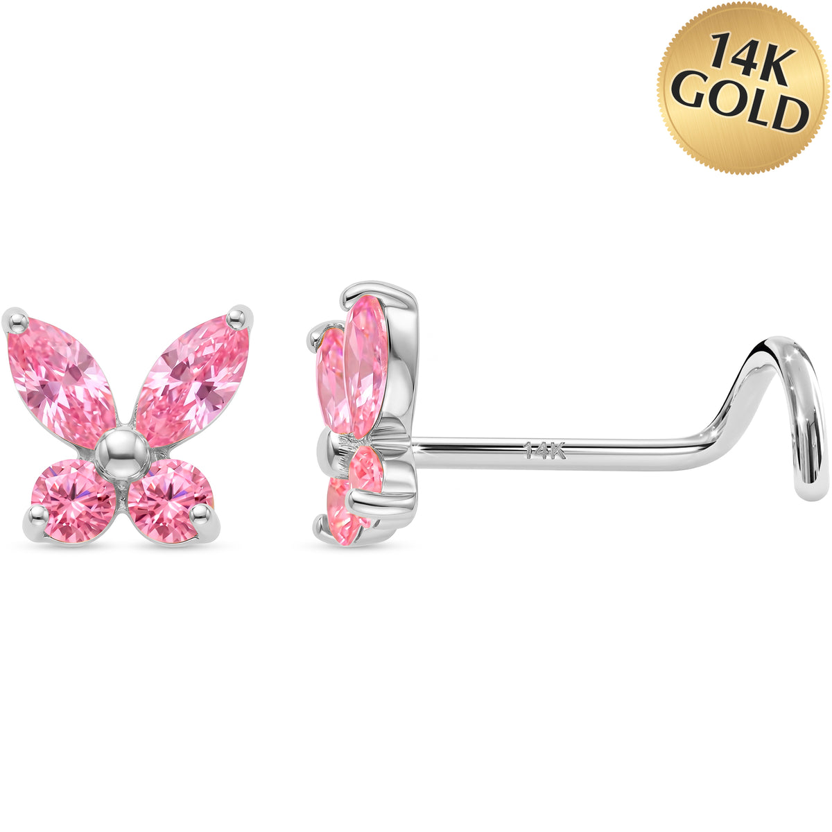 Solid 14k Gold Butterfly Sparkle Pink CZ 22G Nose Screw Ring
