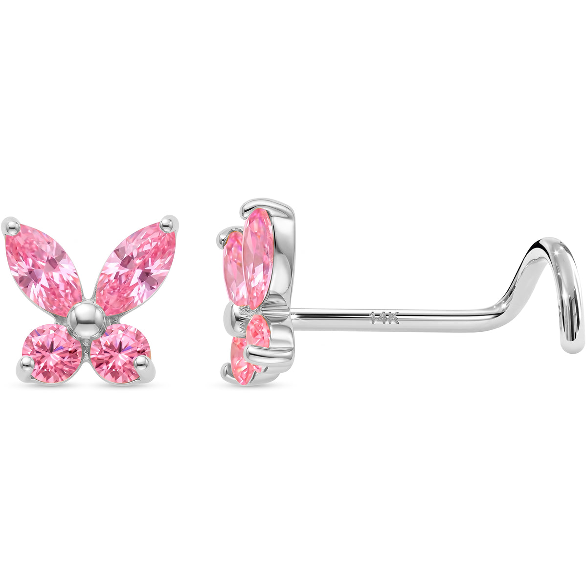Solid 14k Gold Butterfly Sparkle Pink CZ 22G Nose Screw Ring