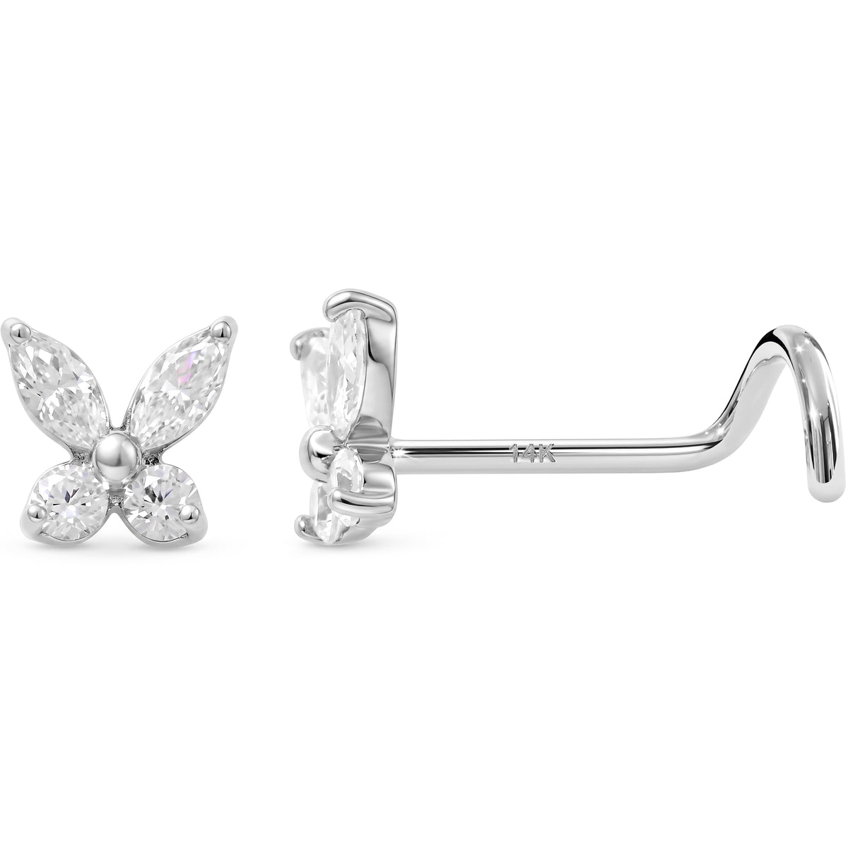 Solid 14k White Gold Butterfly Sparkle CZ 22G Nose Screw Ring