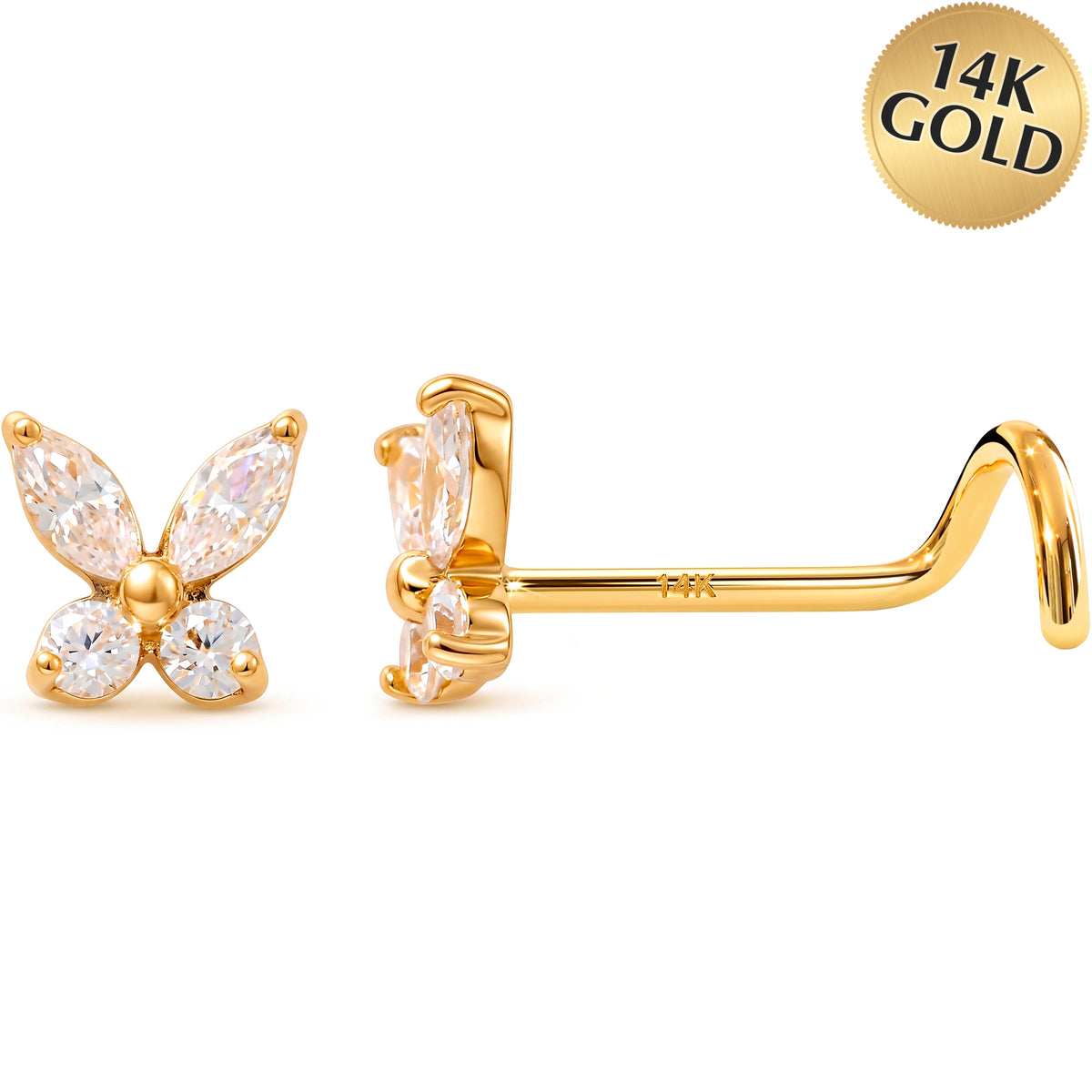 Solid 14k White Gold Butterfly Sparkle CZ 22G Nose Screw Ring