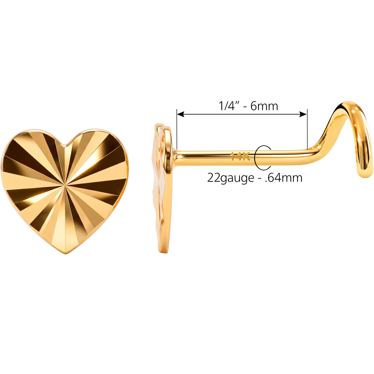 Solid 14k Yellow Gold Diamond Cut Heart 22G Nose Screw Ring