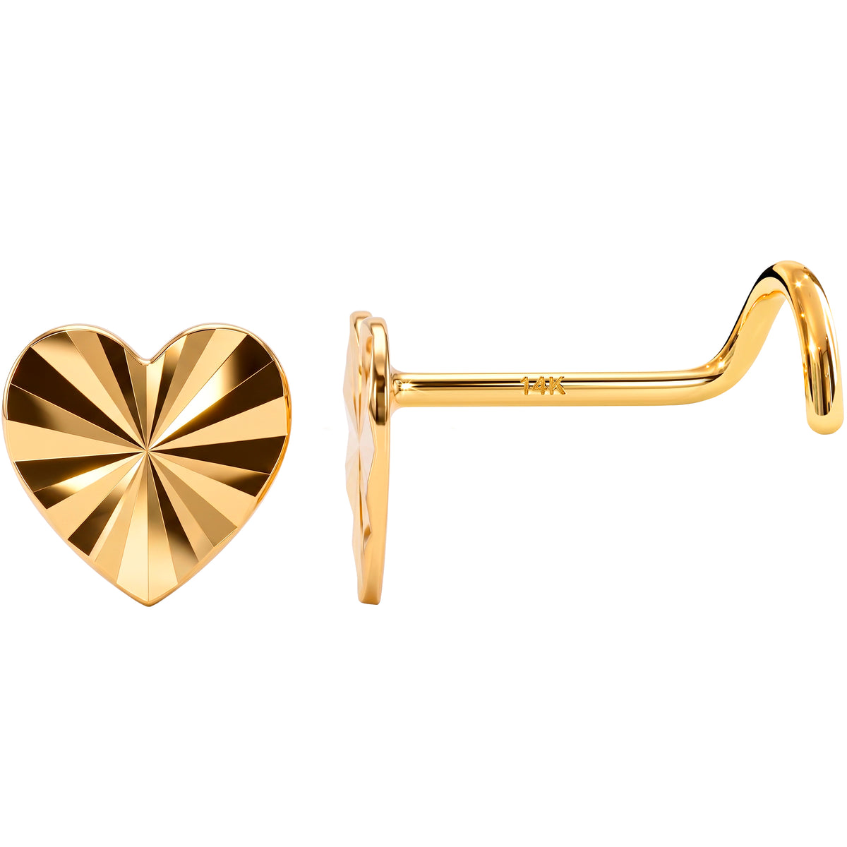 Solid 14k Yellow Gold Diamond Cut Heart 22G Nose Screw Ring