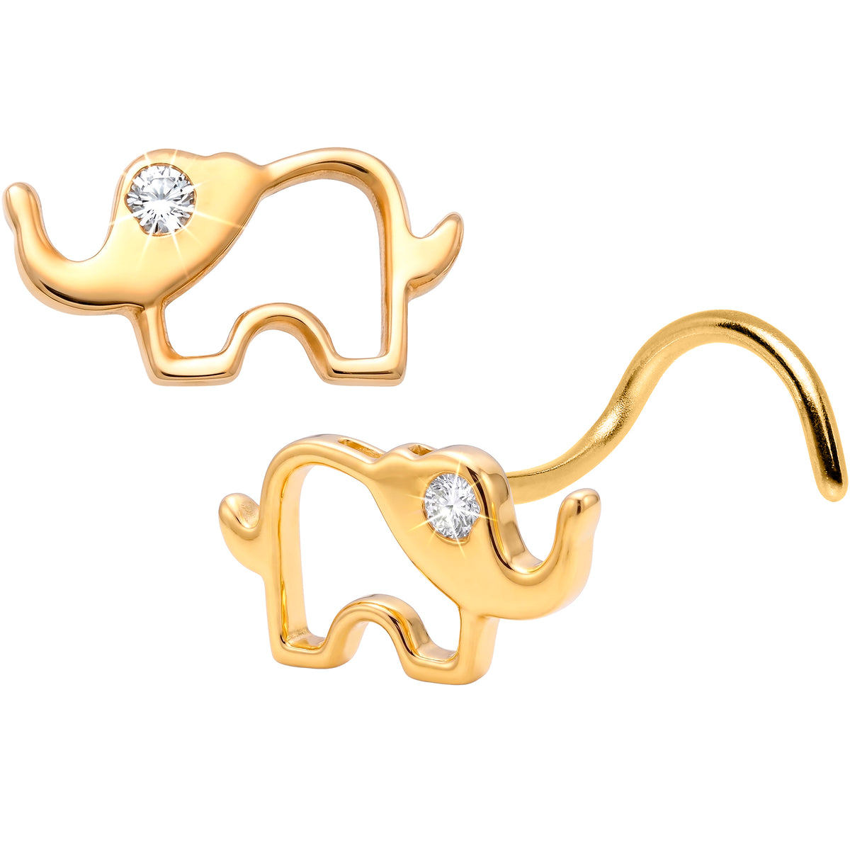 Solid 14k Yellow Gold CZ Lucky Elephant 22G Nose Screw Ring