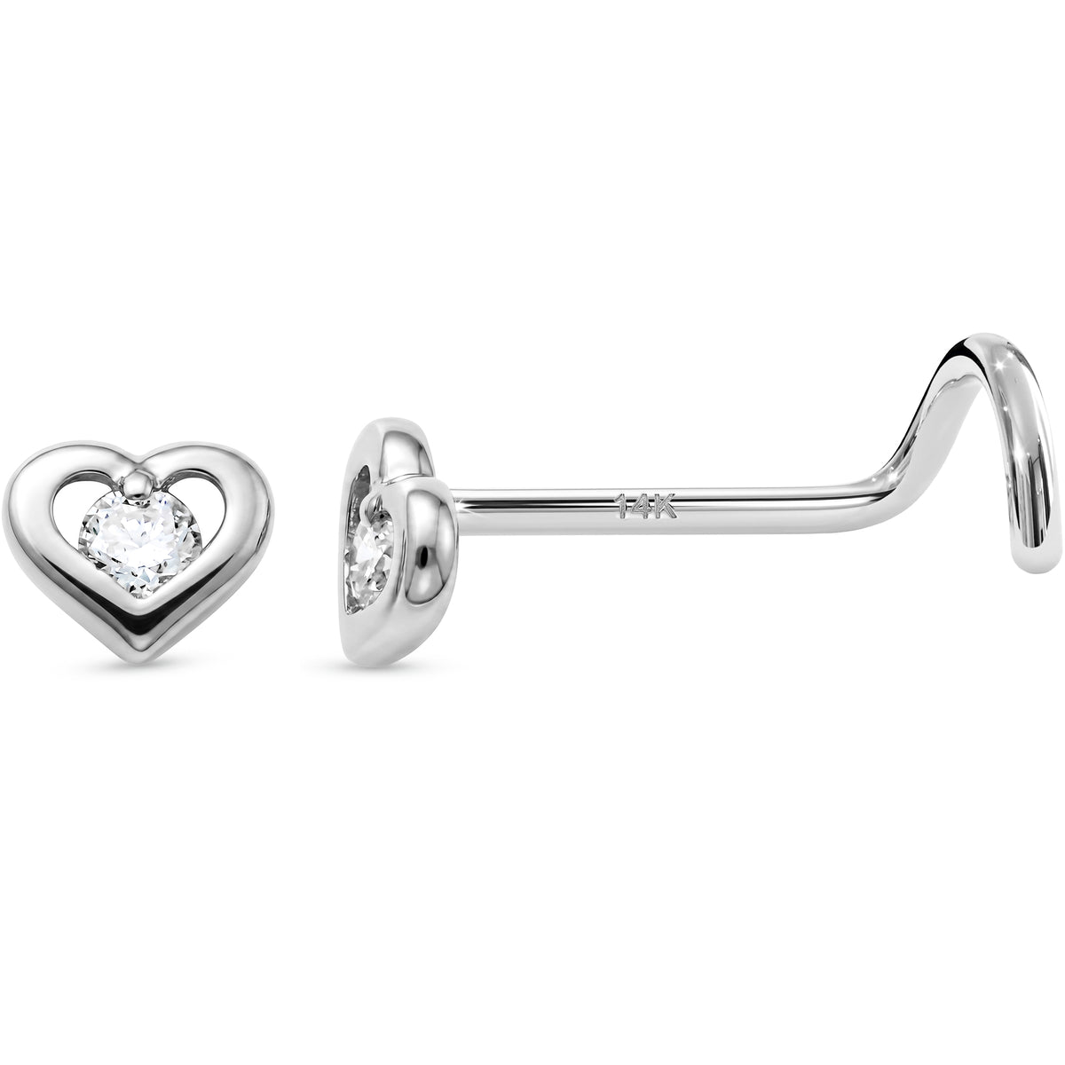 Solid 14k White Gold CZ Sweetheart 22G Nose Screw Ring