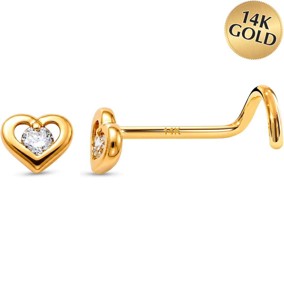 Solid 14k White Gold CZ Sweetheart 22G Nose Screw Ring