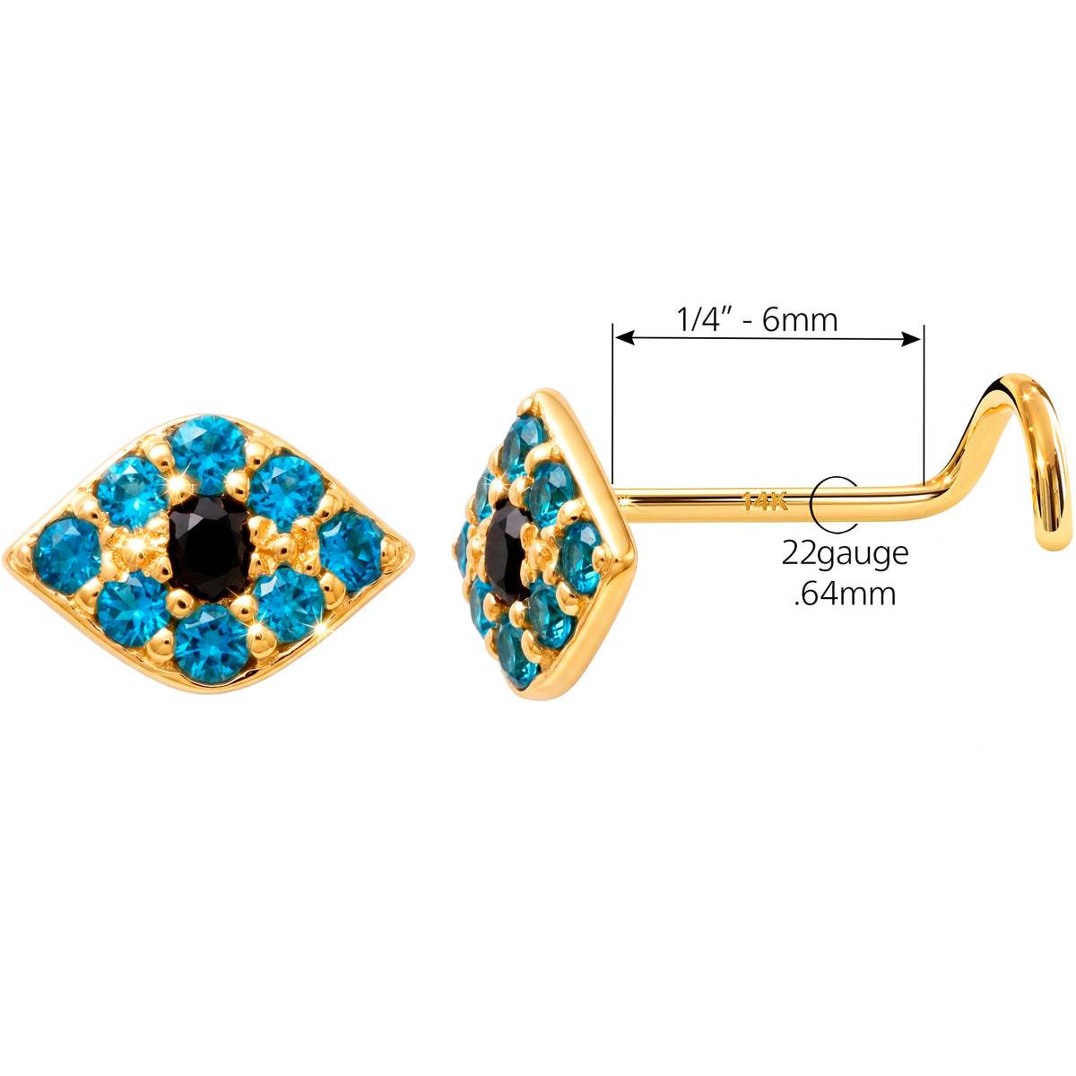 Solid 14k Yellow Gold Mystic Evil Eye CZ 22G Nose Screw Ring