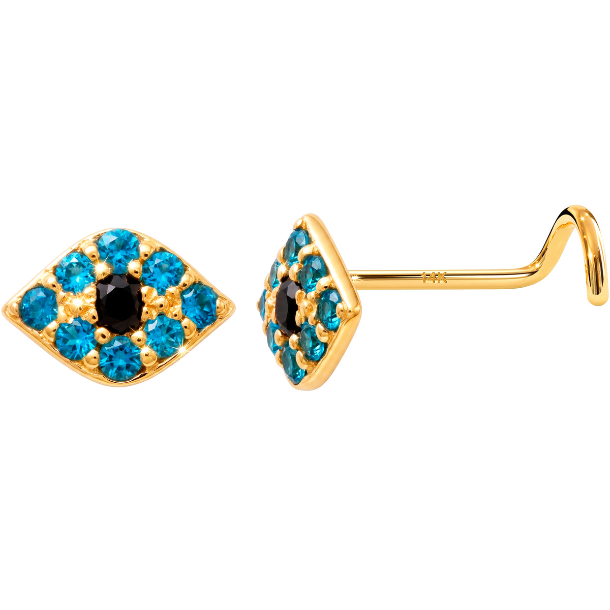 Solid 14k Yellow Gold Mystic Evil Eye CZ 22G Nose Screw Ring