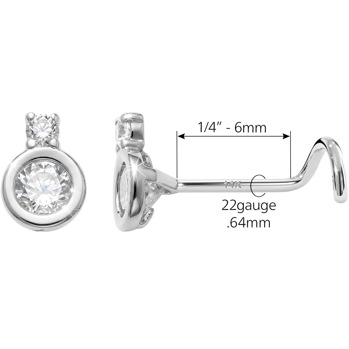 Solid 14k White Gold CZ Celestial Orbit 22G Nose Screw Ring