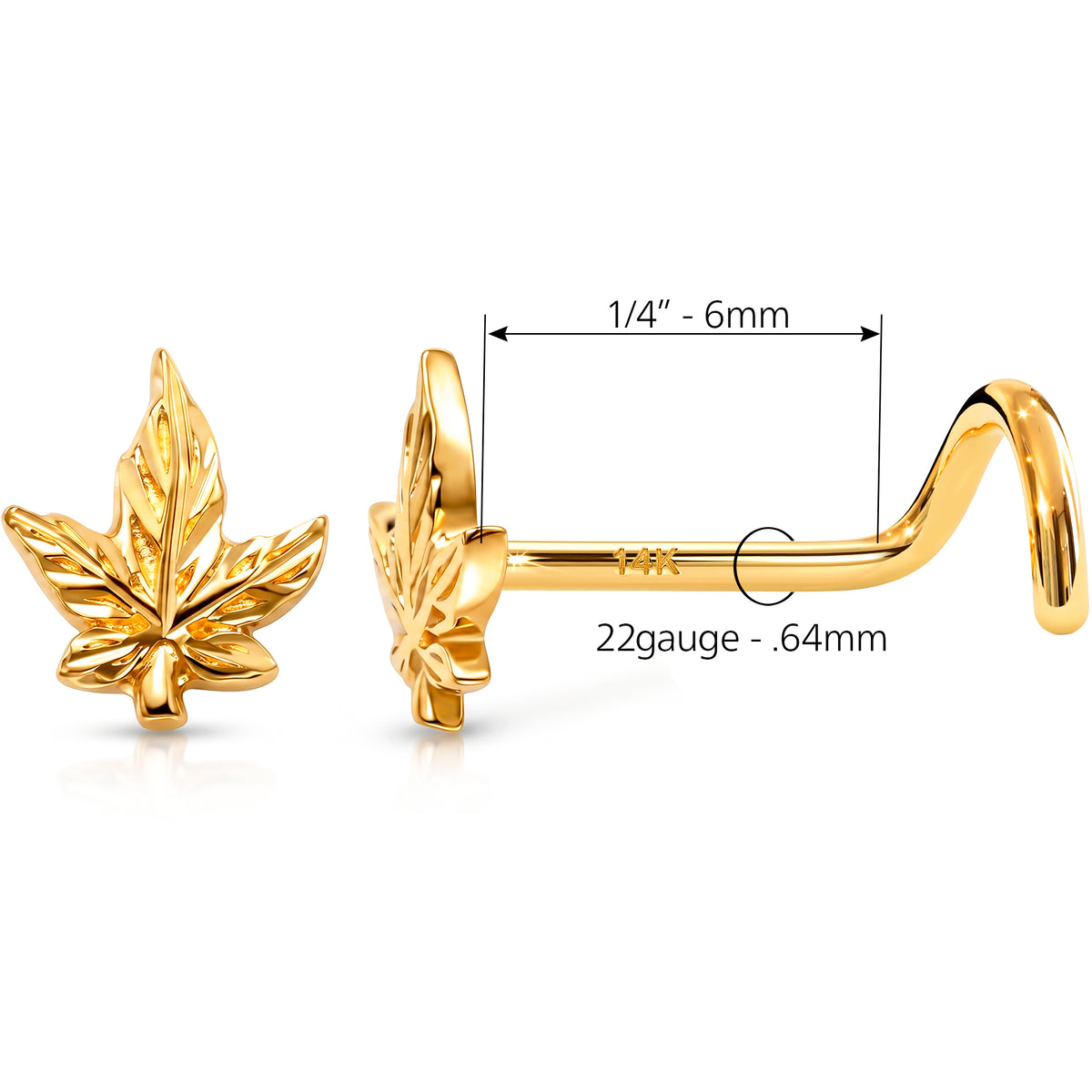 Solid 14k Yellow Gold Golden Cannabis Leaf 22G Nose Screw Ring