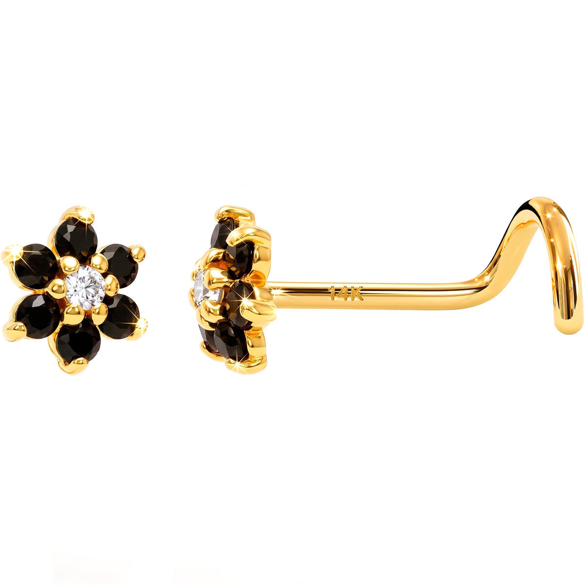 Solid 14k Yellow Gold Black CZ Midnight Flower 22G Nose Screw Ring