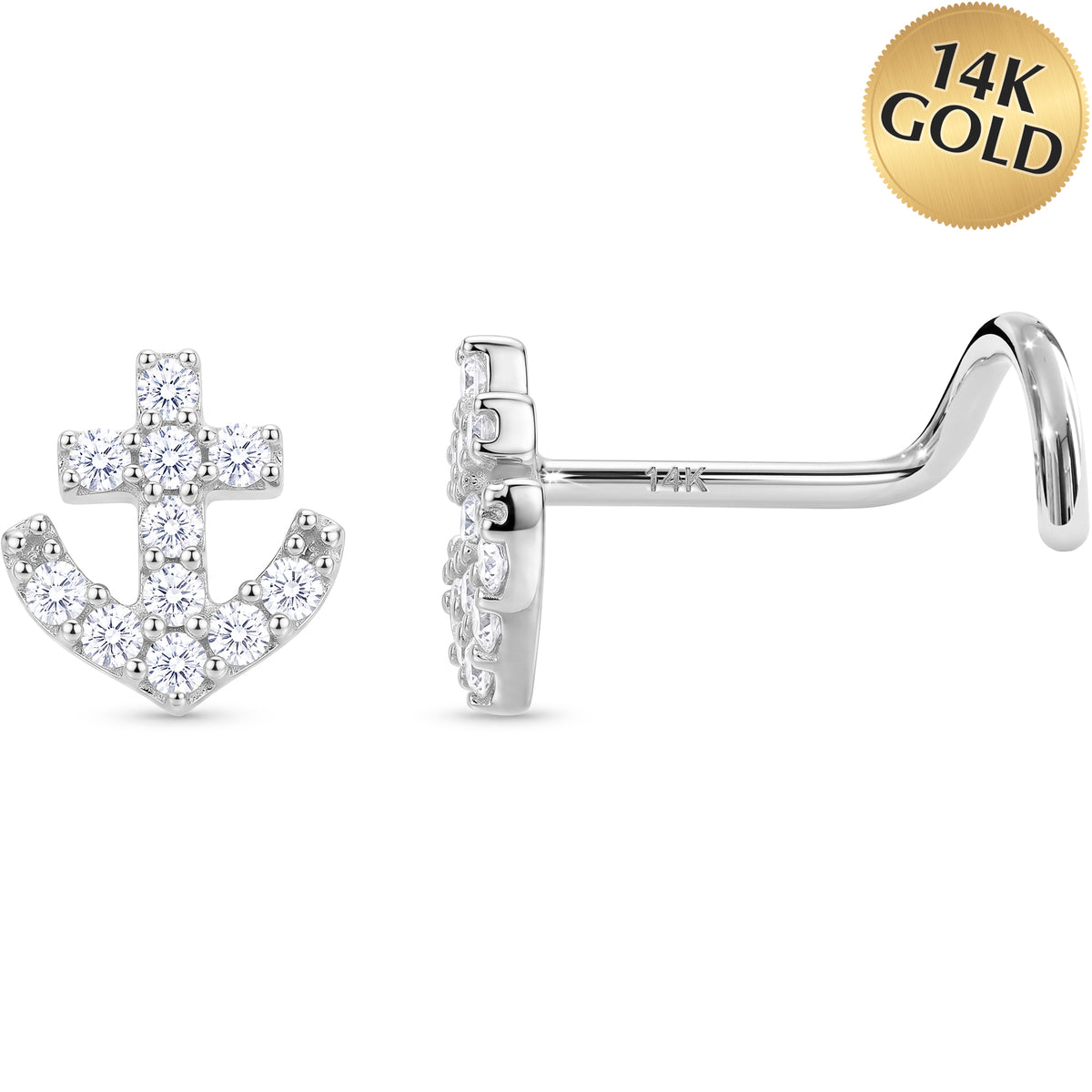 Solid 14k White Gold Nautical Anchor CZ 22G Nose Screw Ring