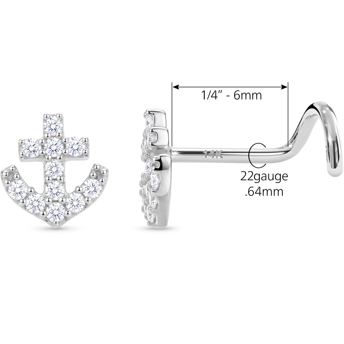 Solid 14k White Gold Nautical Anchor CZ 22G Nose Screw Ring