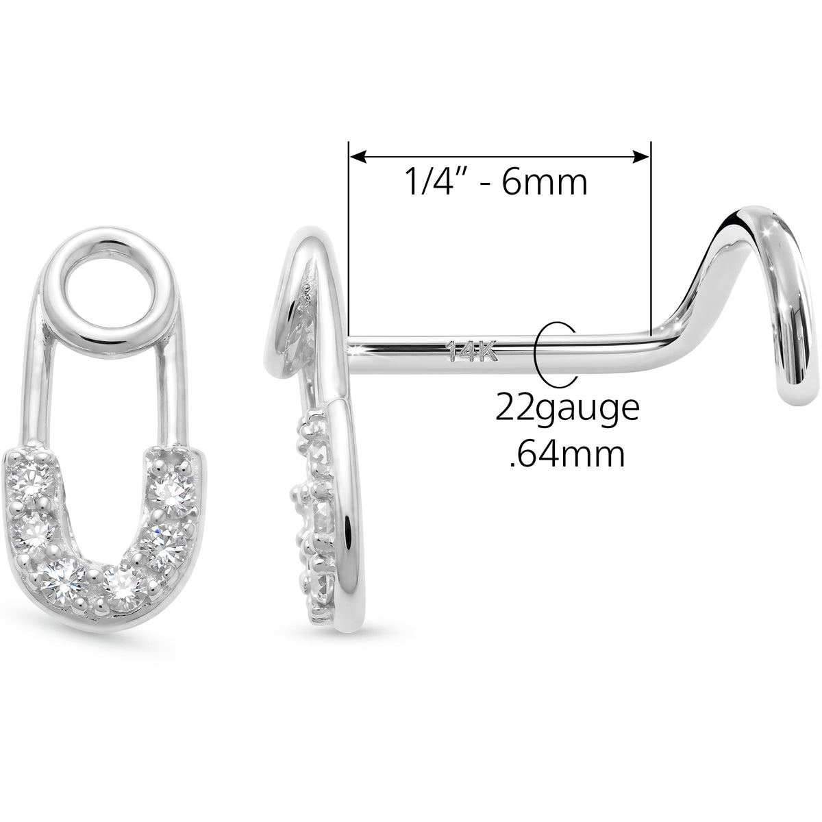 Solid 14k White Gold Punk Luxe Safety Pin CZ 22G Nose Screw Ring