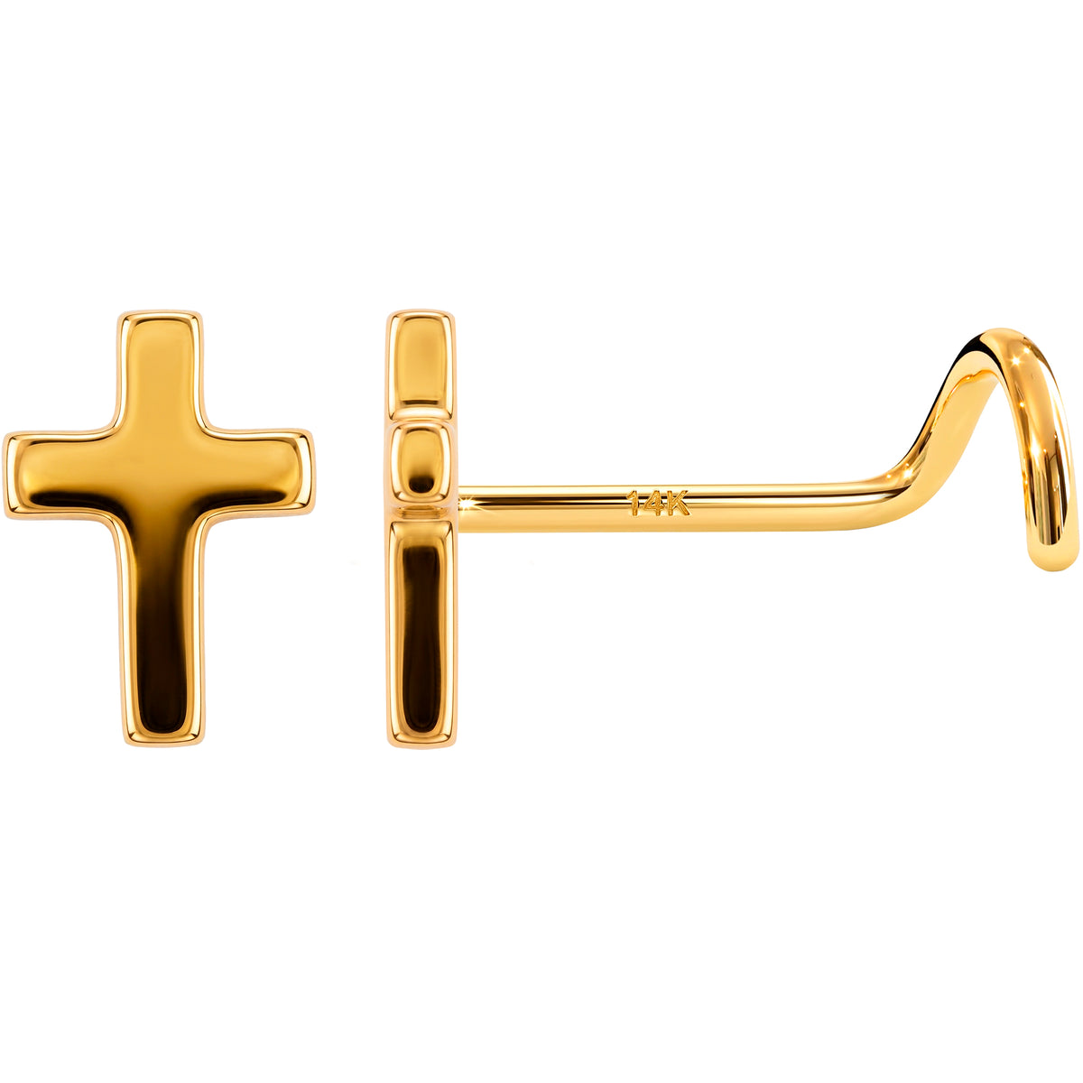 Solid 14k Yellow Gold Classic Cross 22G Nose Screw Ring