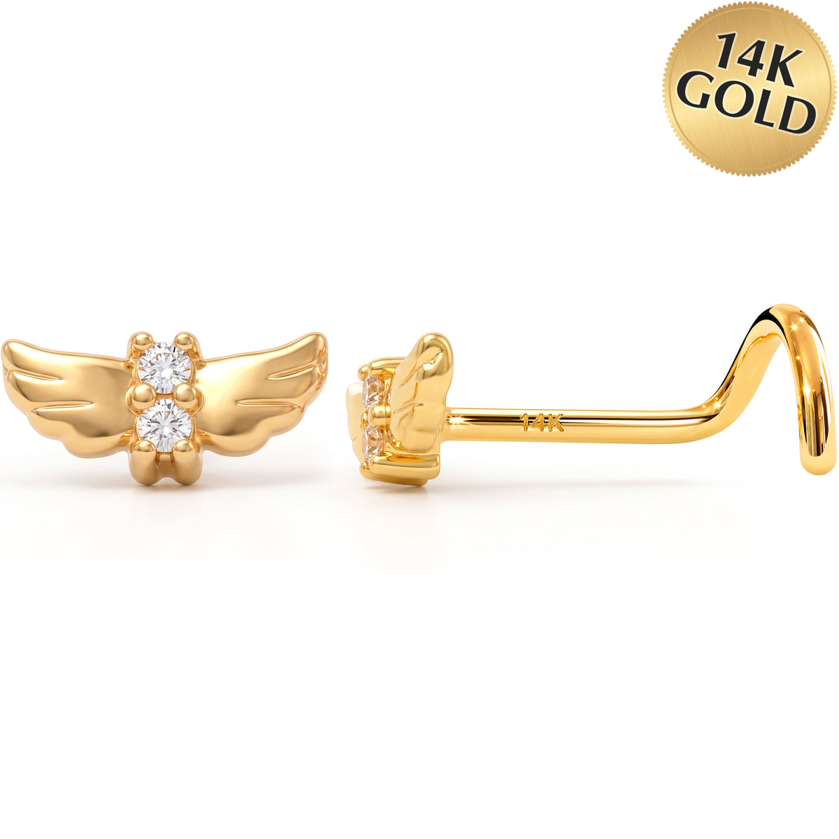 Solid 14k Yellow CZ Gold Angel Wing 22G Nose Screw Ring