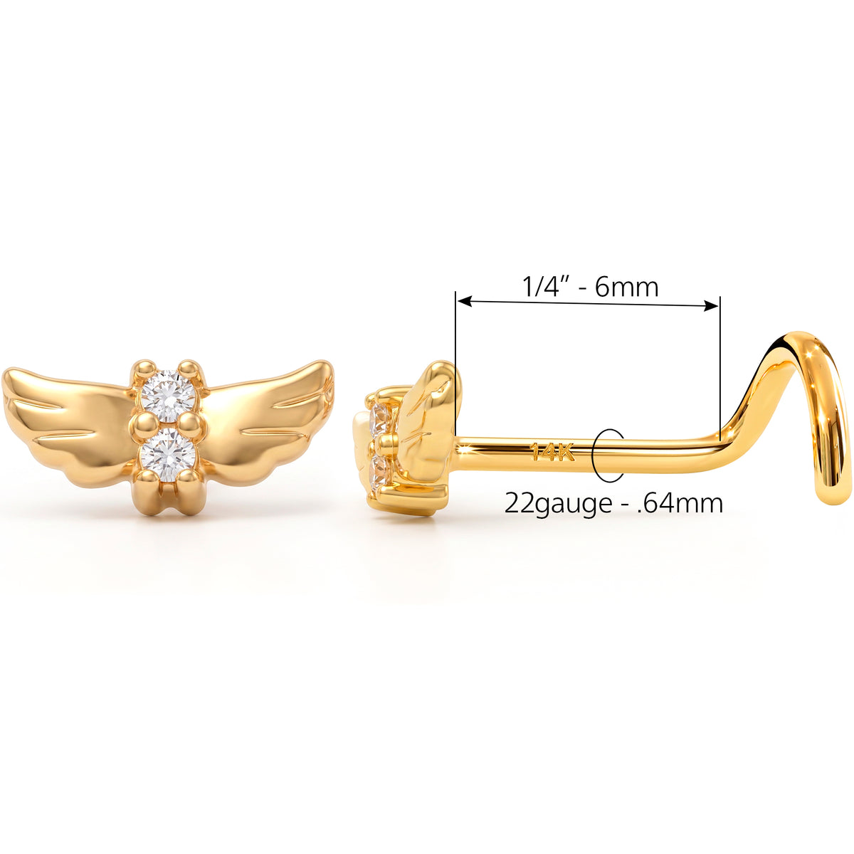 Solid 14k Yellow CZ Gold Angel Wing 22G Nose Screw Ring