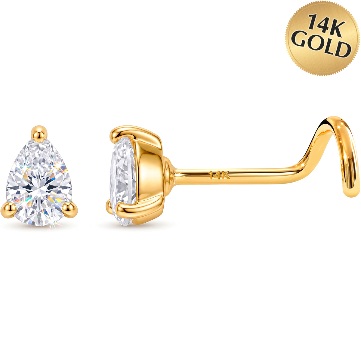 Solid 14k Yellow Gold Trillion Sparkle CZ 22G Nose Screw Ring
