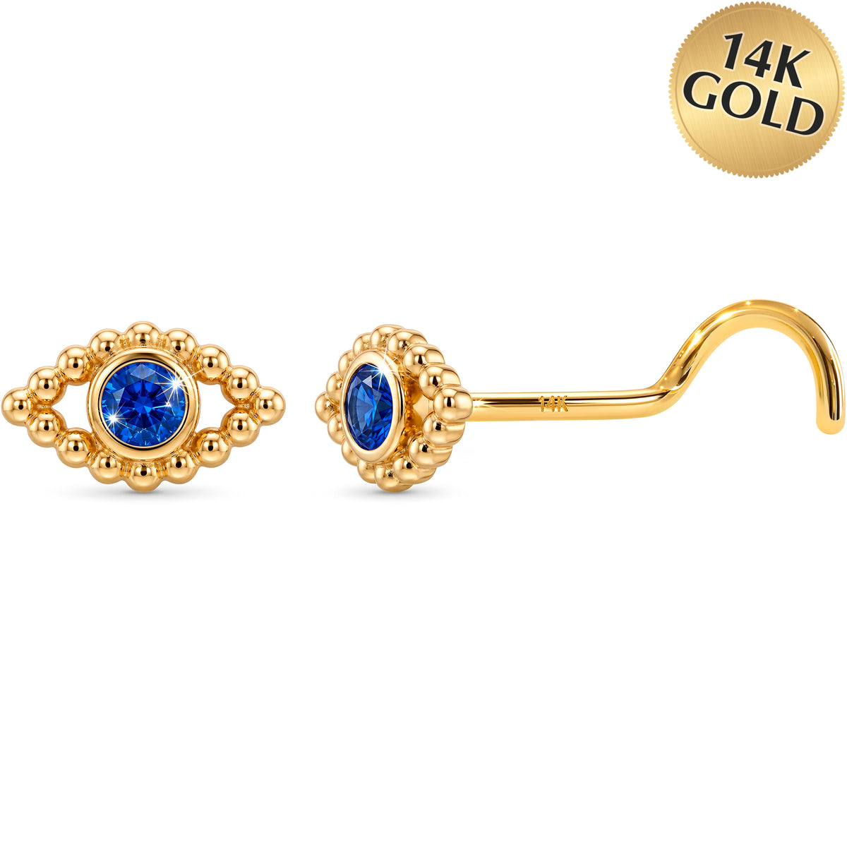 Solid 14k Yellow Gold Blue Mystic Eye CZ 22G Nose Screw Ring