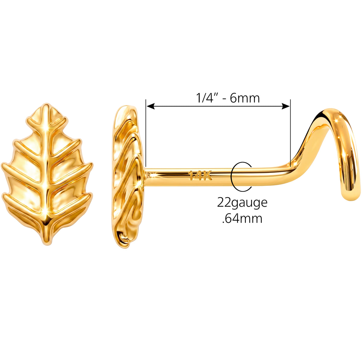 Solid 14k Yellow Gold Golden Leaf 22G Nose Screw Ring