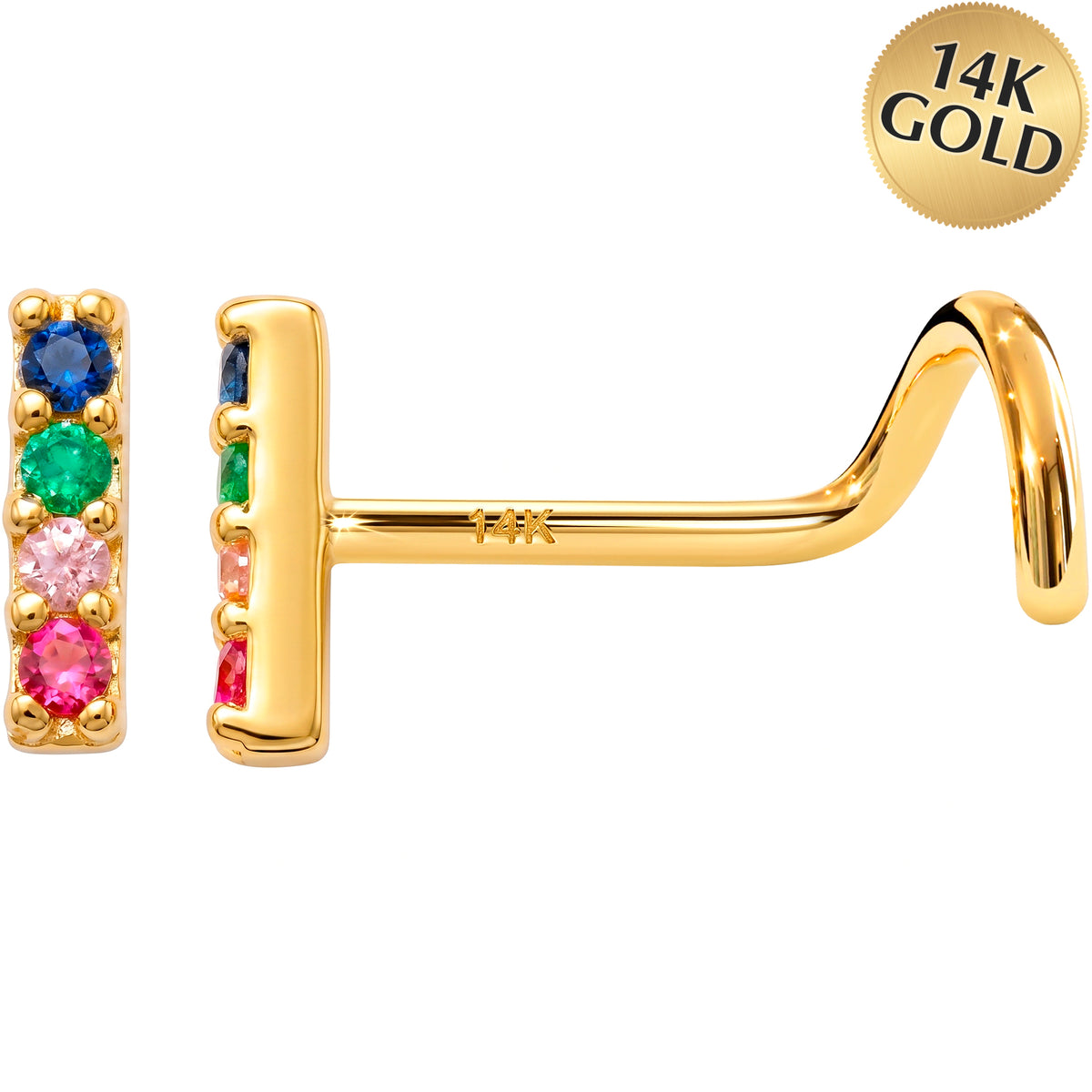 Solid 14k Yellow Gold Rainbow Sparkle Bar CZ 22G Nose Screw Ring