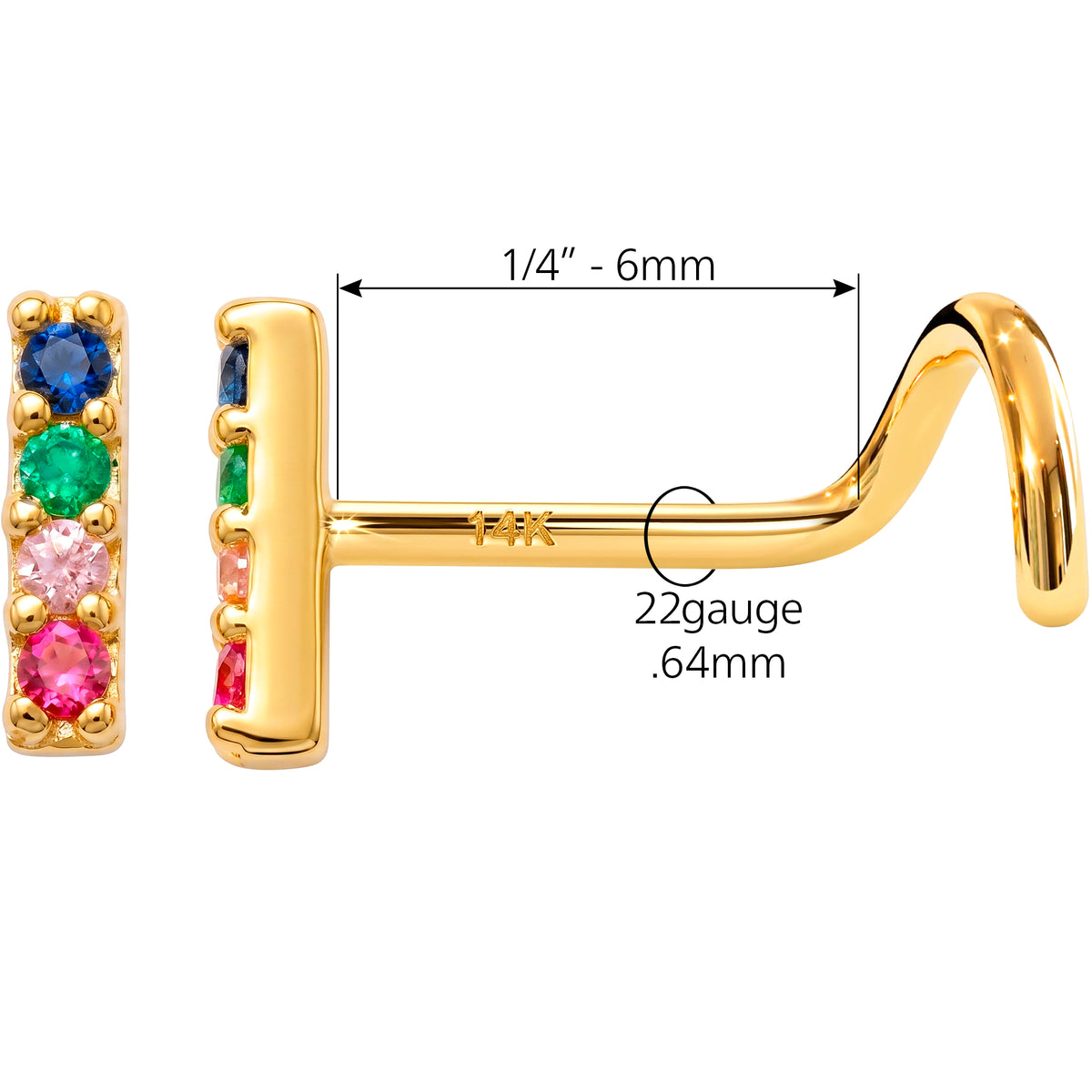 Solid 14k Yellow Gold Rainbow Sparkle Bar CZ 22G Nose Screw Ring