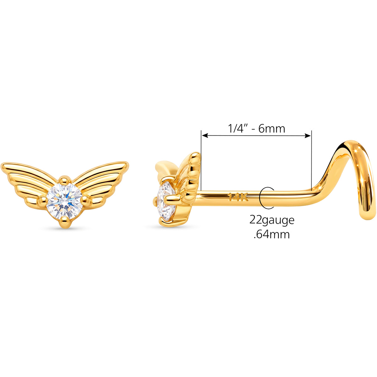 Solid 14k Yellow Gold Angel Wing 22G Nose Screw Ring