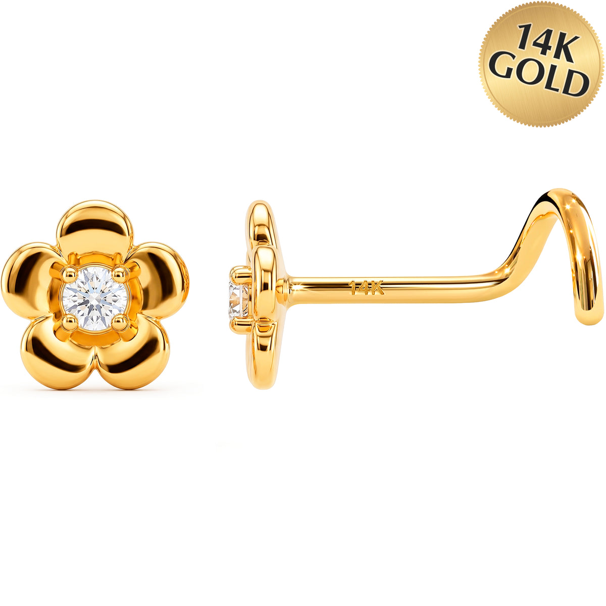 Solid 14k Yellow CZ Petite Blossom 22G Nose Screw Ring