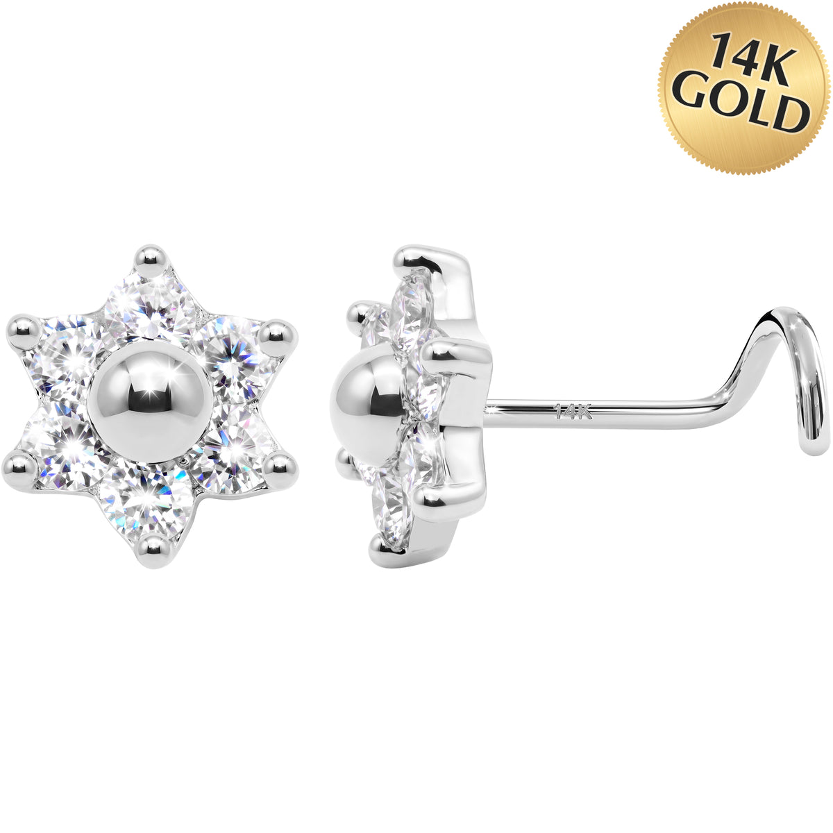 Solid 14k White CZ Celestial Star 22G Nose Screw Ring