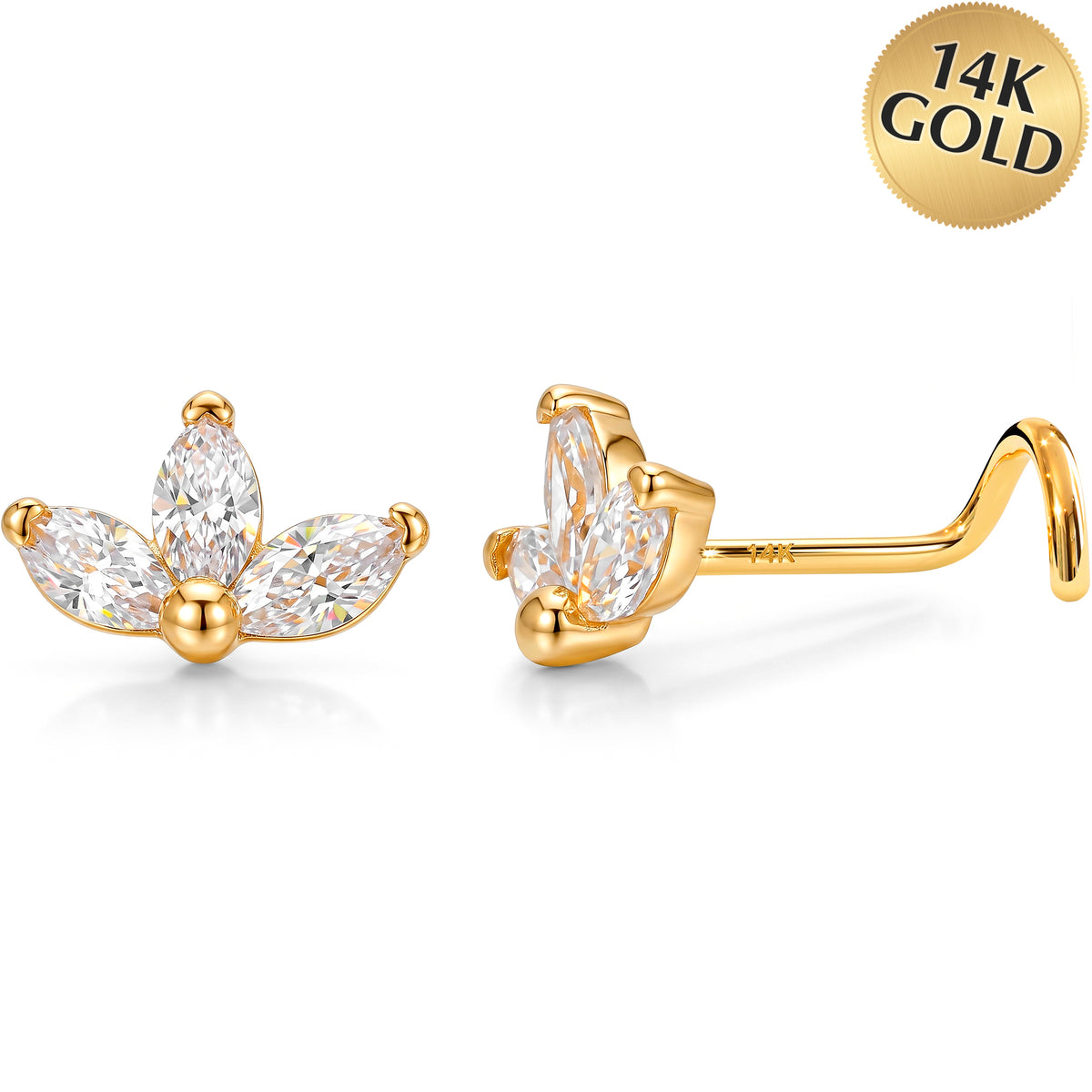 Solid 14k Yellow Gold Lotus Bloom CZ 22G Nose Screw Ring