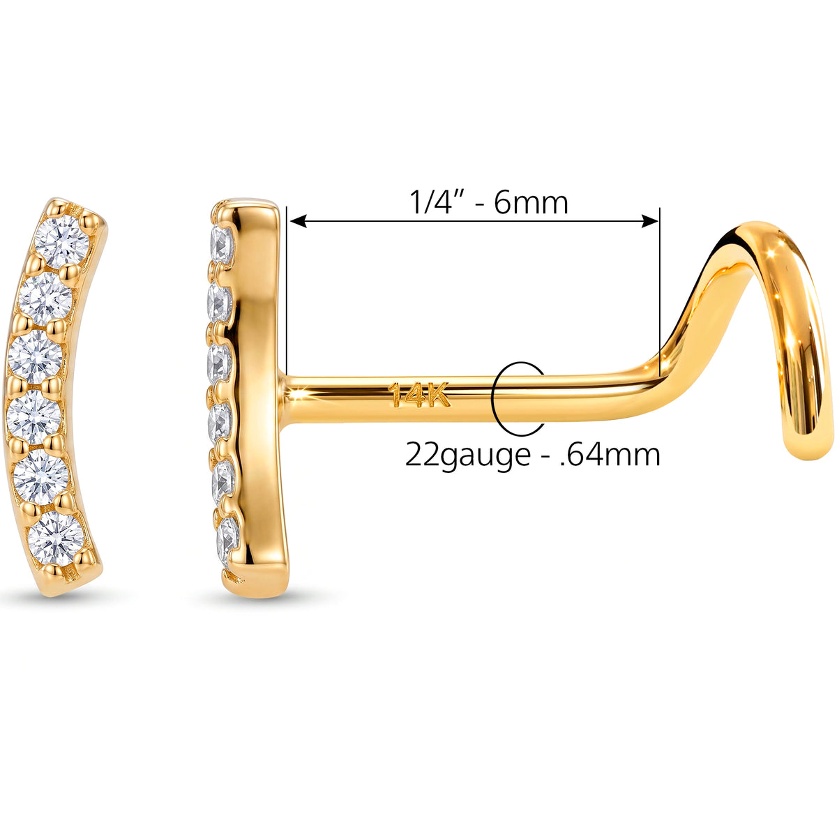Solid 14k Yellow Gold Curved Pave Bar CZ 22G Nose Screw Ring