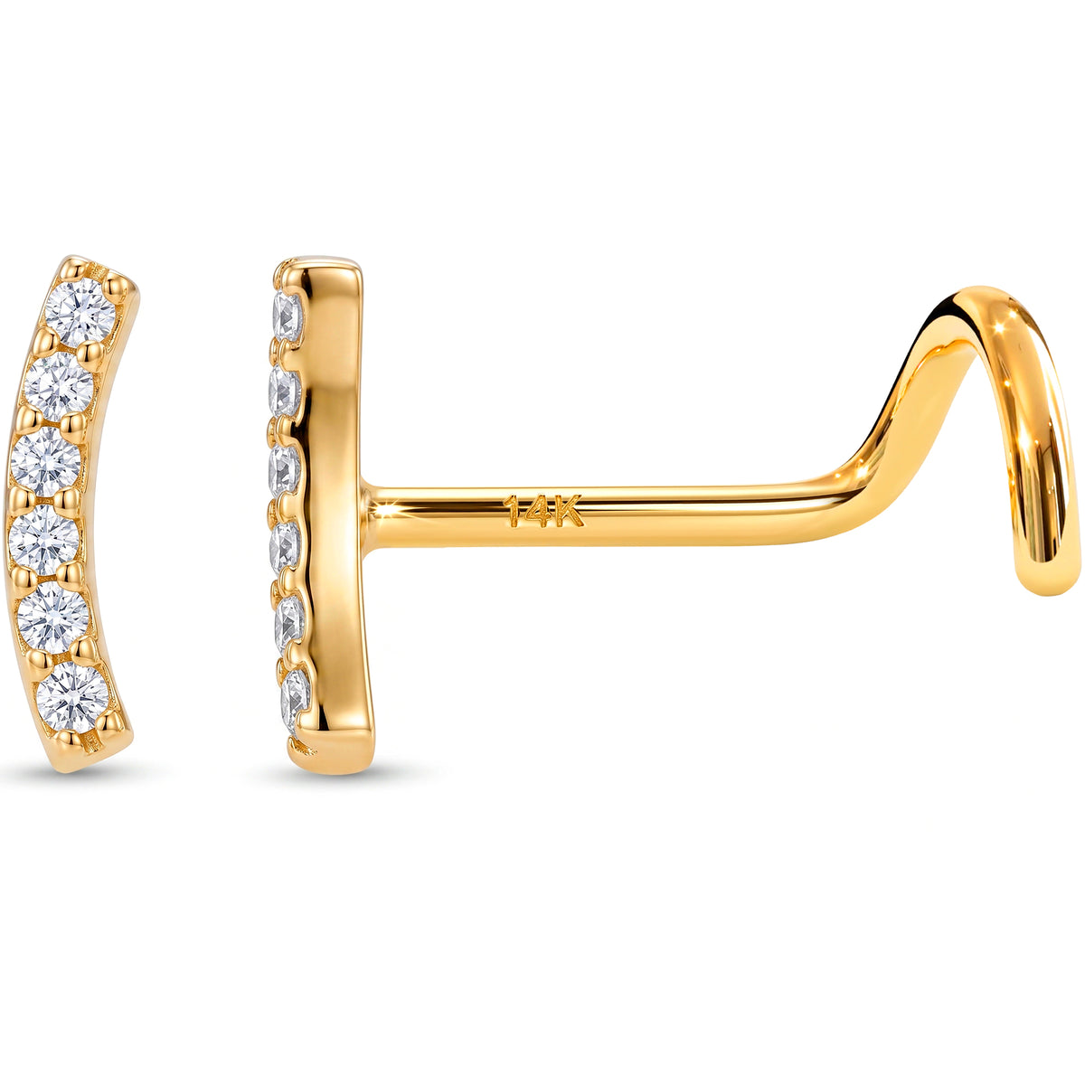 Solid 14k Yellow Gold Curved Pave Bar CZ 22G Nose Screw Ring