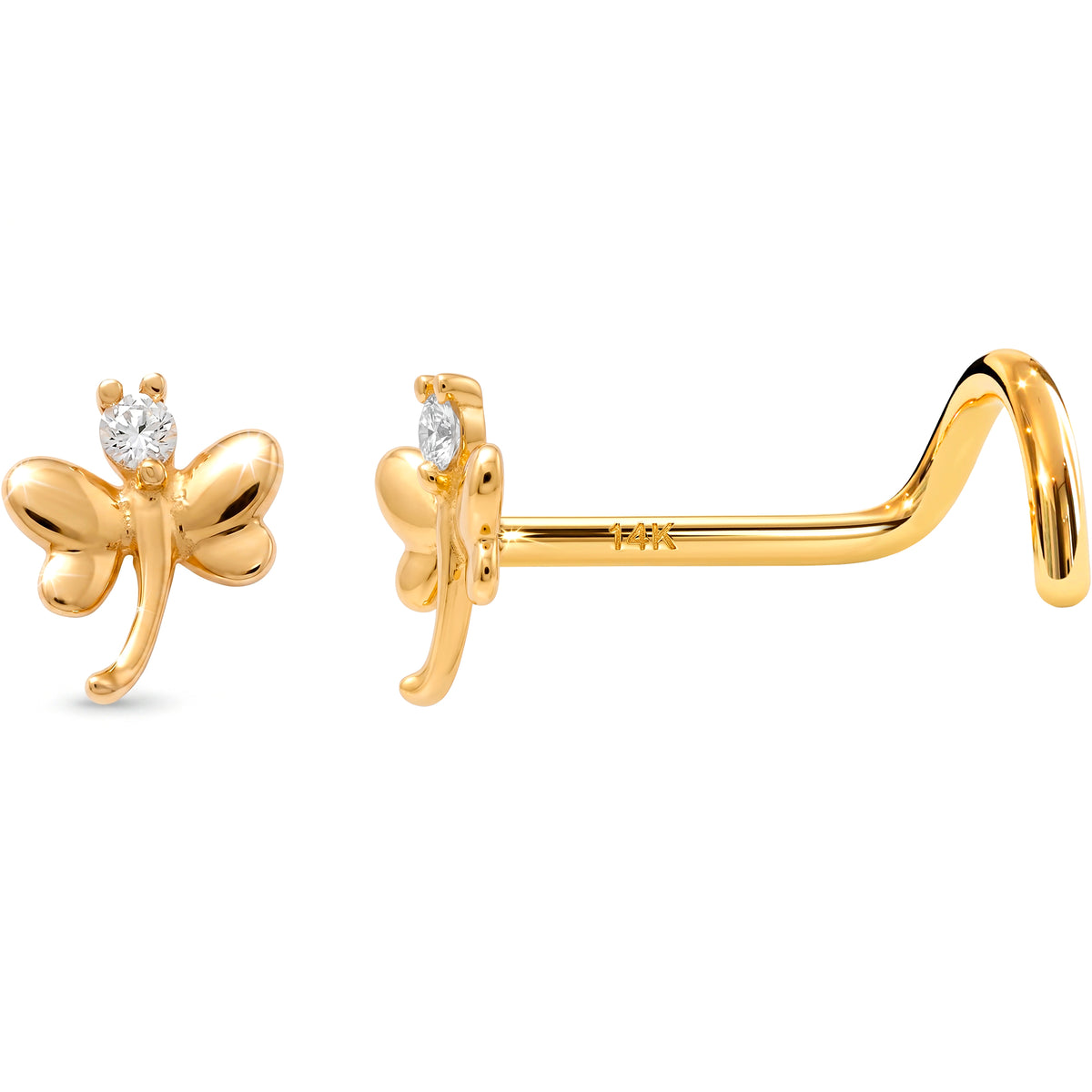 Solid 14k Yellow Gold CZ Dragon fly 22G Nose Screw Ring