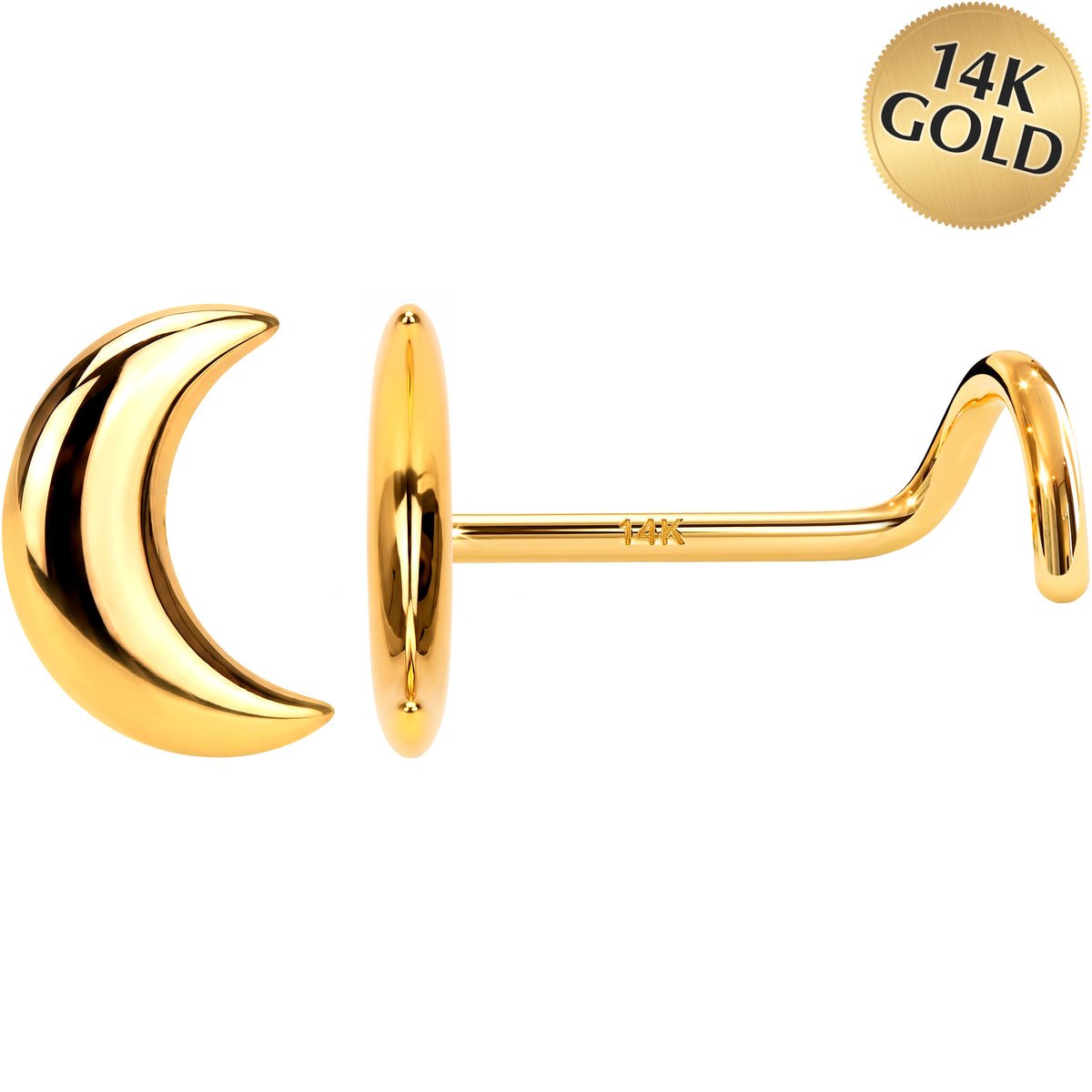 Solid 14K Yellow Gold Puffy Crescent Moon 22G Nose Screw Ring