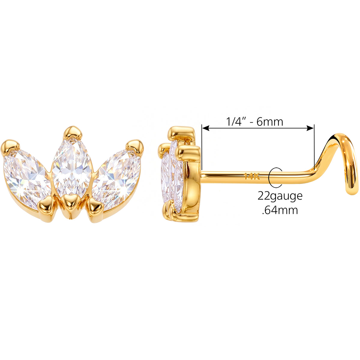Solid 14K Yellow Gold CZ Marquise Lotus 22G Nose Screw Ring